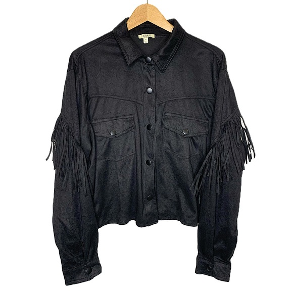KORI Black Faux Suede Western Fringe Snap Shirt Jacket Womens Size Large Shacket - Picture 11 of 13